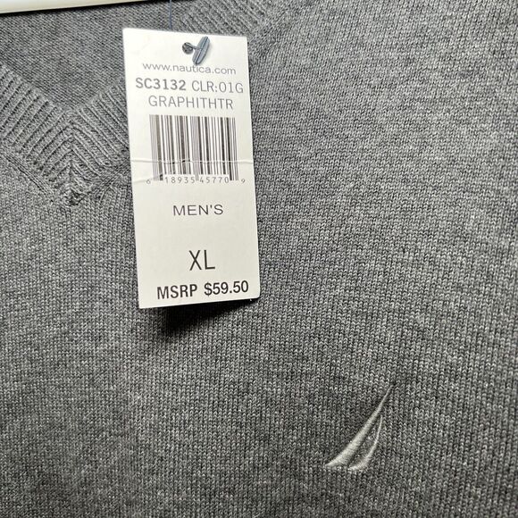Nautica V Neck Sweater Mens Size XL Gray Long Sleeve Embroidered Logo Knit NWT - Picture 4 of 10